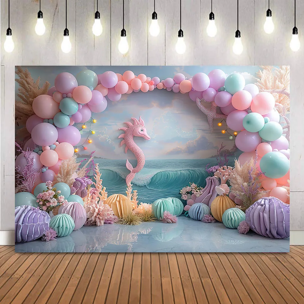 Blue Ocean Purple Balloon Photography Backdrop Cake-Smashing Children Kids Portrait Background For Photo Studio Mermaid Balloons