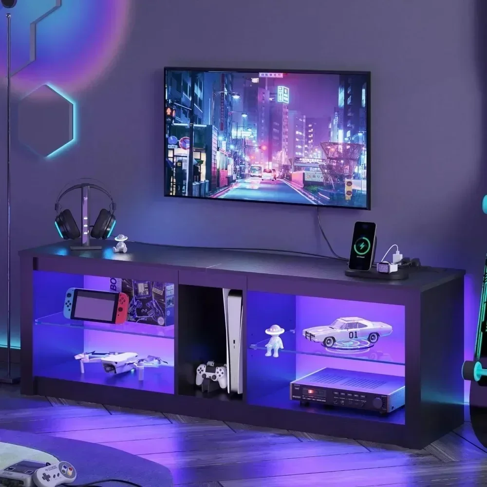 LED TV Stand for 55/60/65inch TVs, 22 Dynamic RGB Modes,Removable Glass & Open Shelf Storage, TVs Cabinet, TV Stand