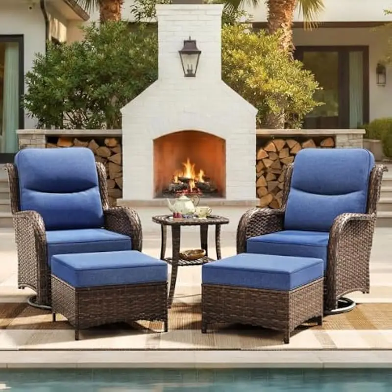 5-Piece Modern Blue Outdoor Seating Set Featuring 360-Degree Swivel Rocker Chairs with 6-Inch High-Density Cushions, Deep Ergono