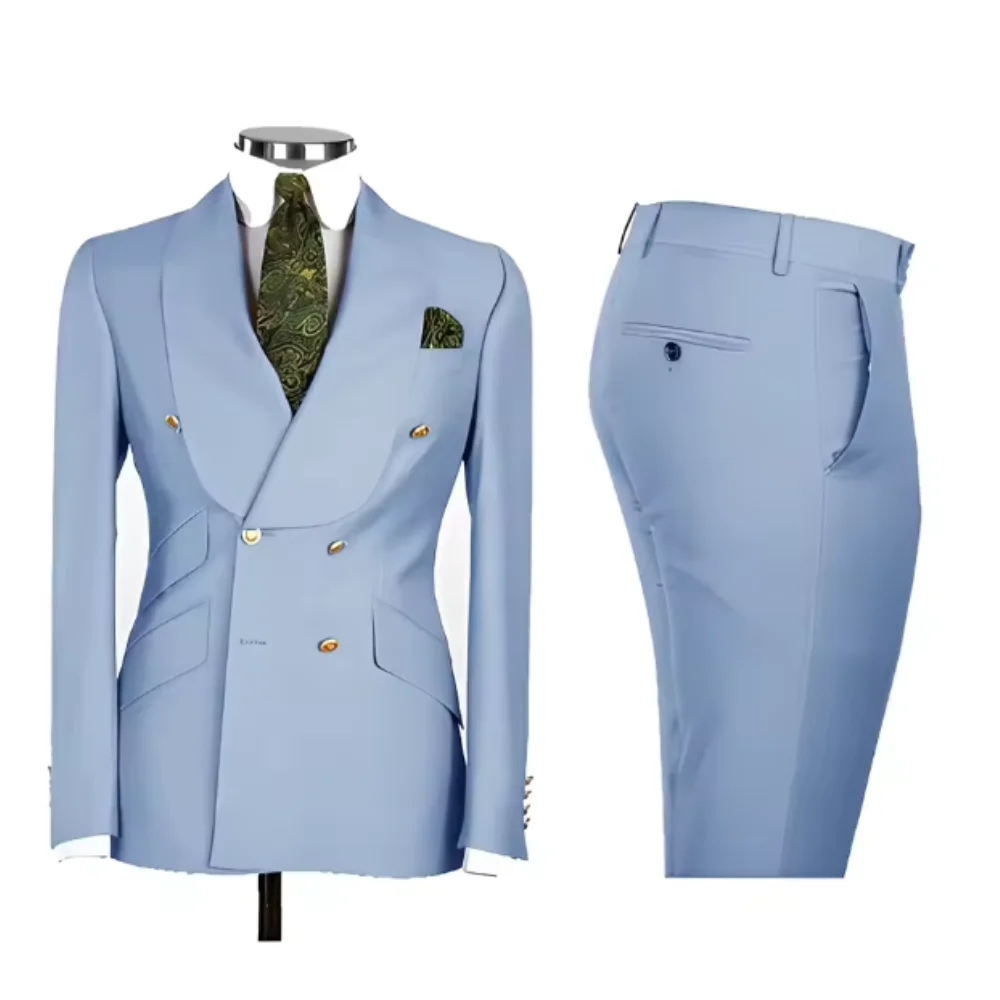 

Wedding Tuxedo Men Suits Double Breasted Casual Shawl Lapel Groom Party Men's Leisure Blazer Set Custom 2 Piece Jacket Pants