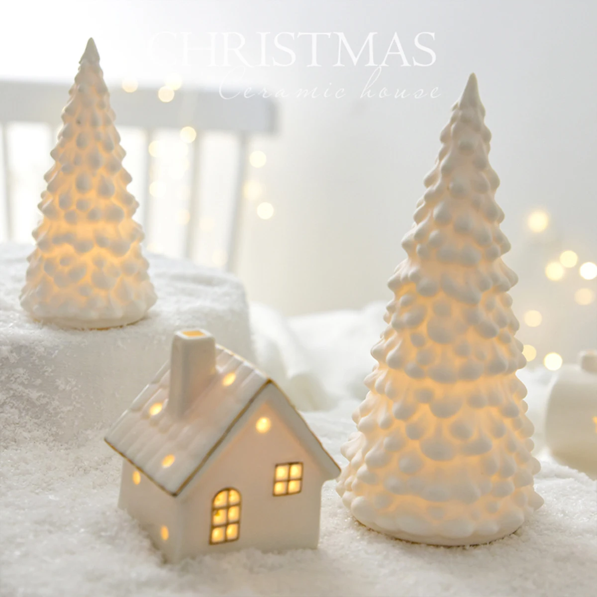 Ceramic creative ornaments small houses Christmas decorations Christmas glowing snow houses home furnishings INS ornaments