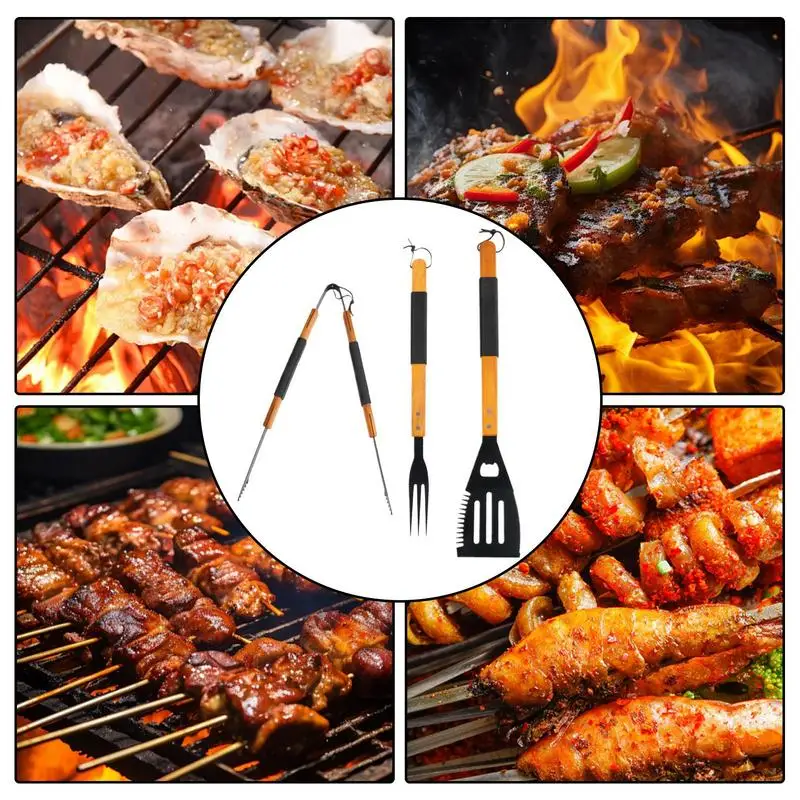 Wooden Handle BBQ Grill Tool Set, Grills Acessórios, Aço Inoxidável, Cozinha, Ao ar livre, Campings, Grelhar, 3Pcs