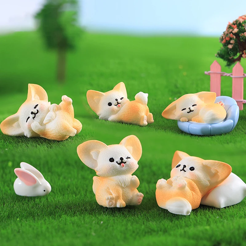 Kawaii Cartoon Fennec Fox Resin Fairy Garden Miniature Figurine Ornament Micro Landscape Model Decoration Dollhouse Accessories