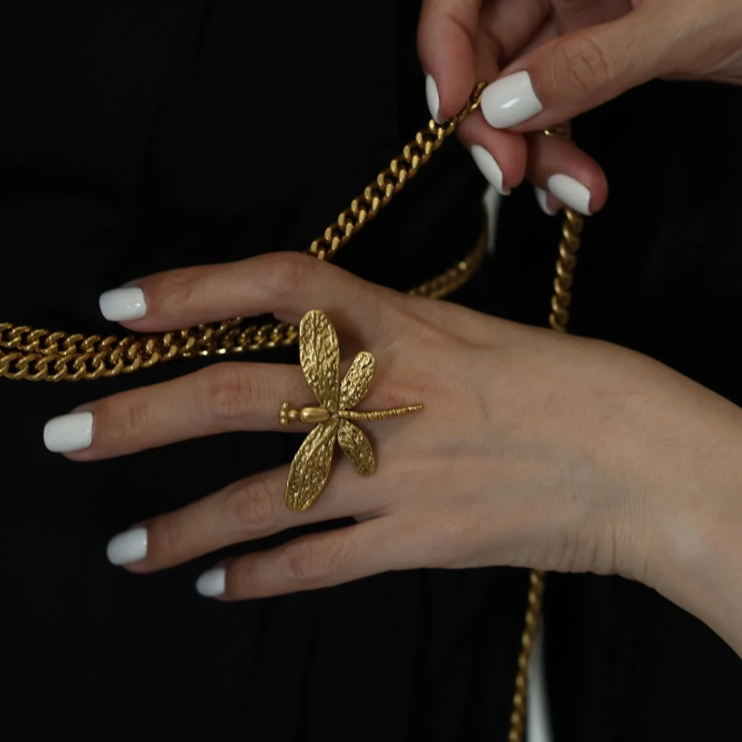 

Vintage Fashion Women's Size 7 Ring With Gold Plated Dragonfly In Brass