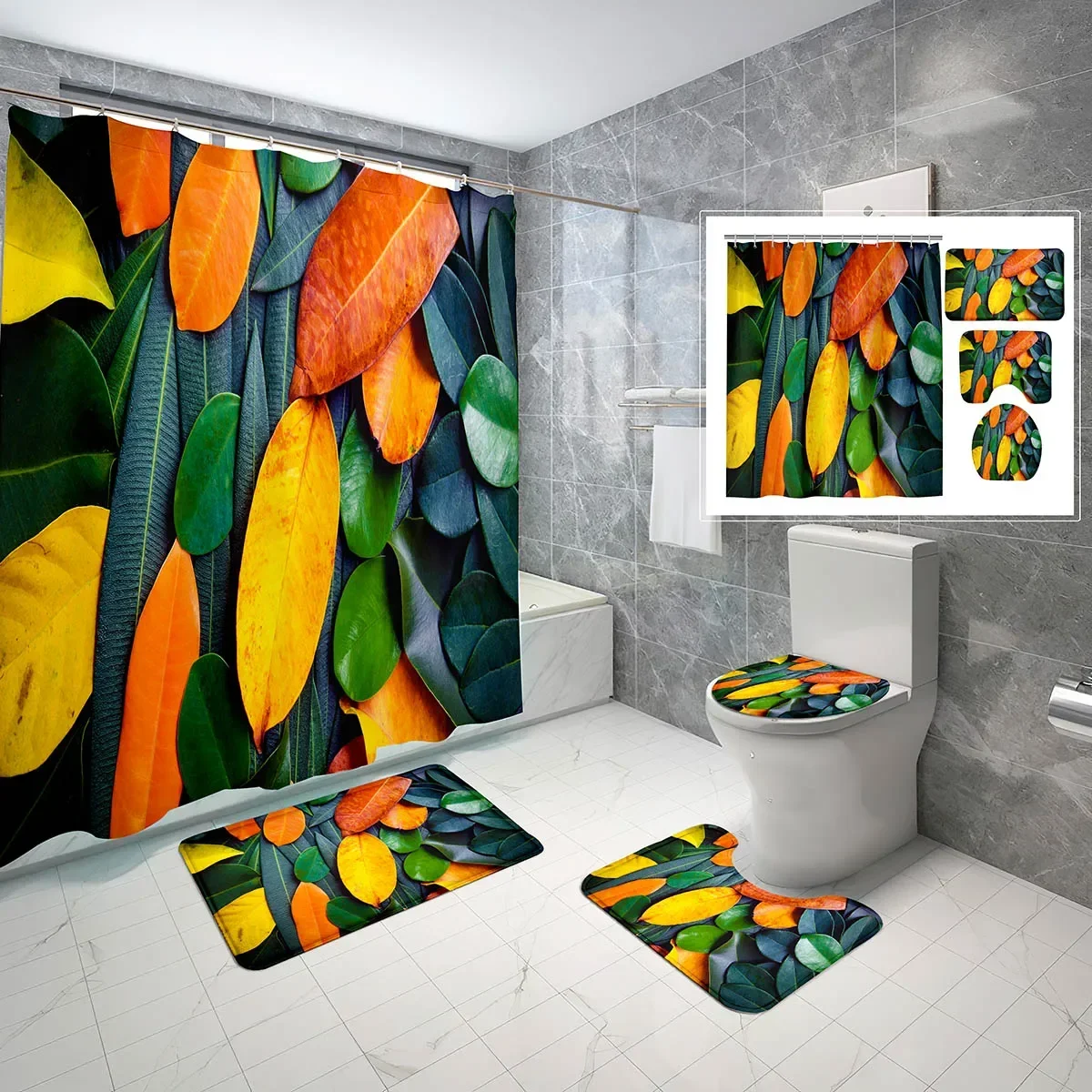 

4 Pcs Green Leaves Shower Curtain Sets Simple Orange Green Leaf Non-Slip Bath Mat Toilet Cover Waterproof Shower Curtain Set