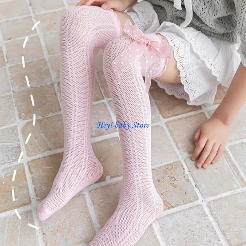 

Q1FE Lace Ruffle Baby Stockings Bowknot Decor Children's Knee Length Cotton Socks