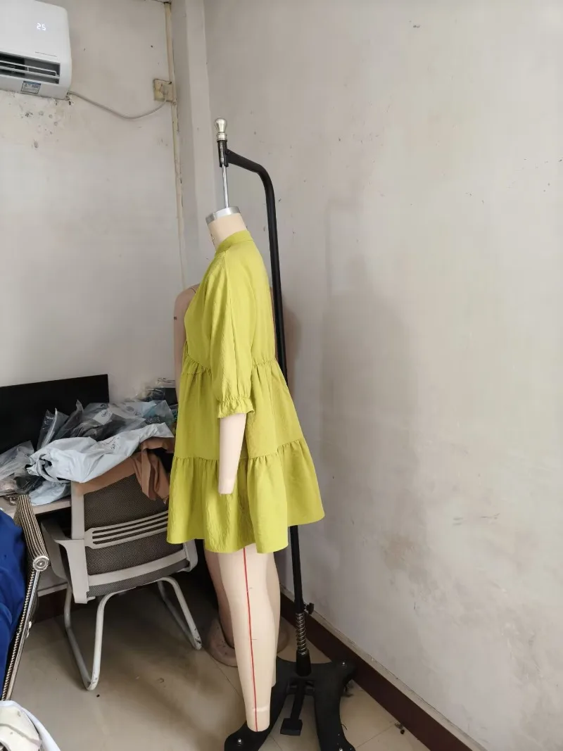 Feminino sólido babados solto casual a linha mini vestido sexy decote em v puff manga camadas plissado streetwear roupas de férias festa robe