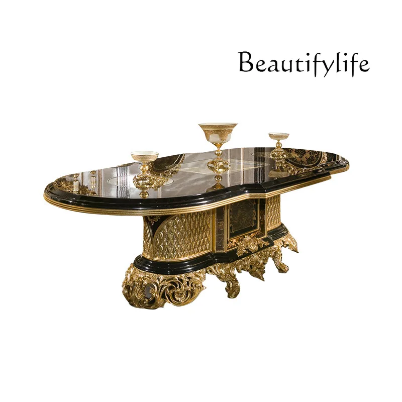 

solid wood carving flower long dining table combination European high-end furniture fabric gold foil dining chair furniture