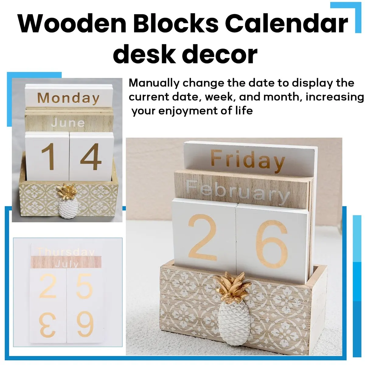 NewABNR Wooden Flip Desk Blocks Calendar,Perpetual Plank/Table Calendar Display,for Home/Office Decoration,11.5X6.5X14.5CM,C