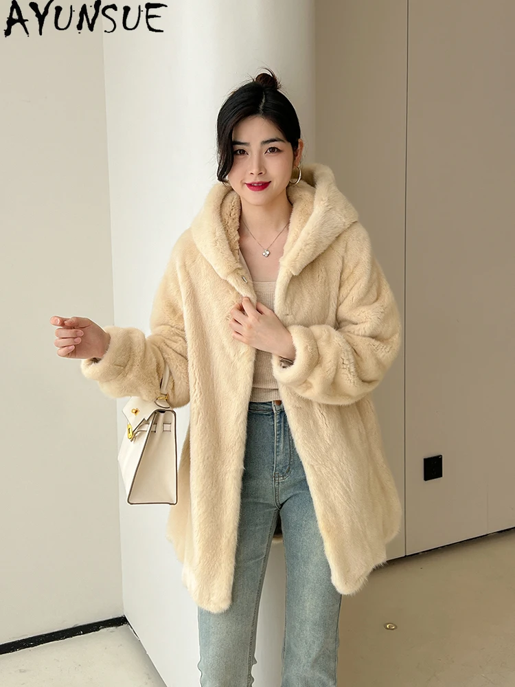 เสื้อโค้ทขนมิงค์กำมะหยี่ธรรมชาติ AYUNSUE เสื้อโค้ทขนมิงค์เต็มตัวมีฮู้ดสำหรับผู้หญิง เสื้อผ้าคุณภาพสูง เสื้อโค้ทฤดูหนาว 2025 Abrigo Mujer