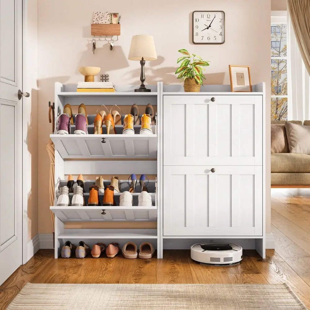 Shoe Cabinet With 4 Or 2 FlipDown Drawers Open Storage Freestanding Narrow Entryway For Hallway, Closet, Dorm, White