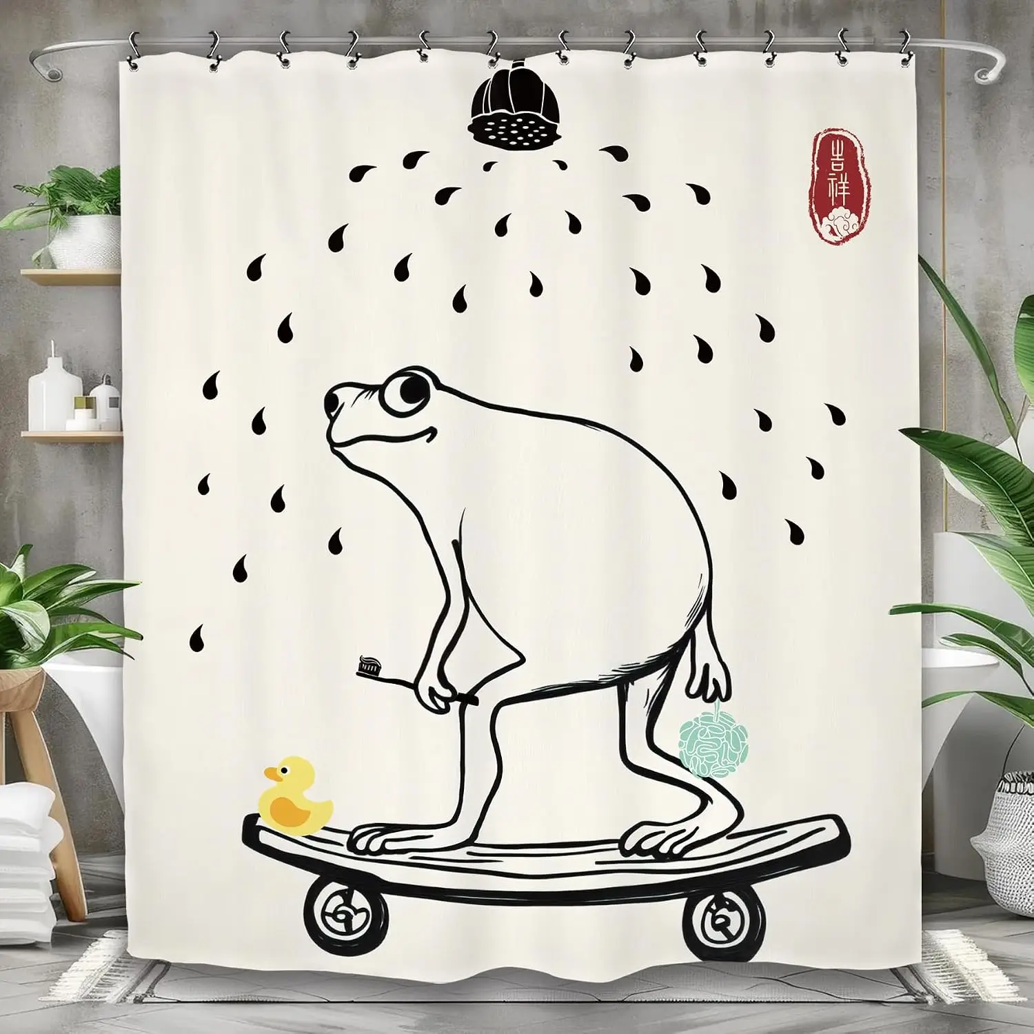 Funny Cartoon Animal Skateboard Shower Curtain Bath Decor Novelty Print Water Drops Bathroom Curtain for Kids Teens Cute Whimsic