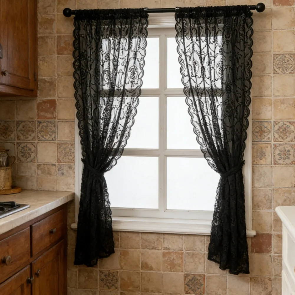 Black Lace Sheer Curtains Polyester European Vintage Style Window Drapes for Living Room Bedroom Study Kitchen