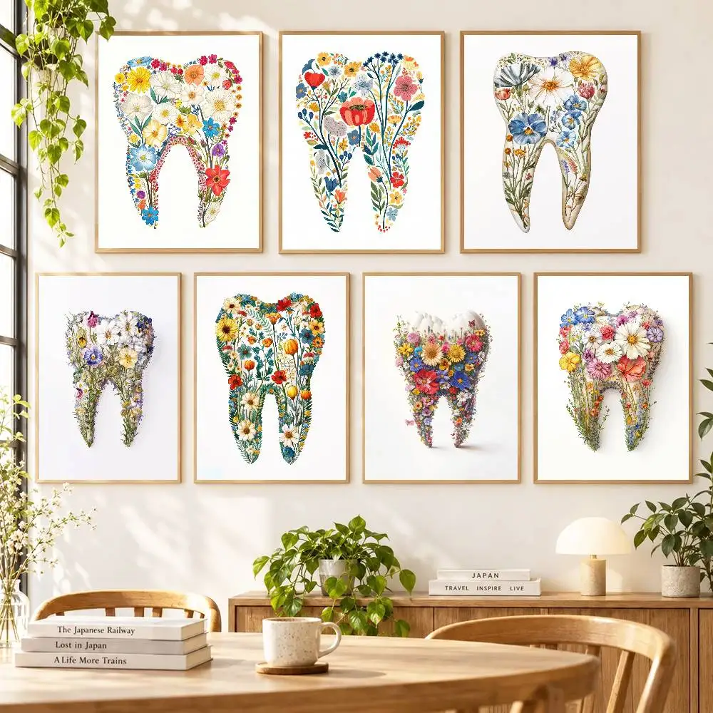 Colorful Flowers Tooth Drawing Poster Self-adhesive Art Room Entrance Restaurant Wall Decor Art Painting