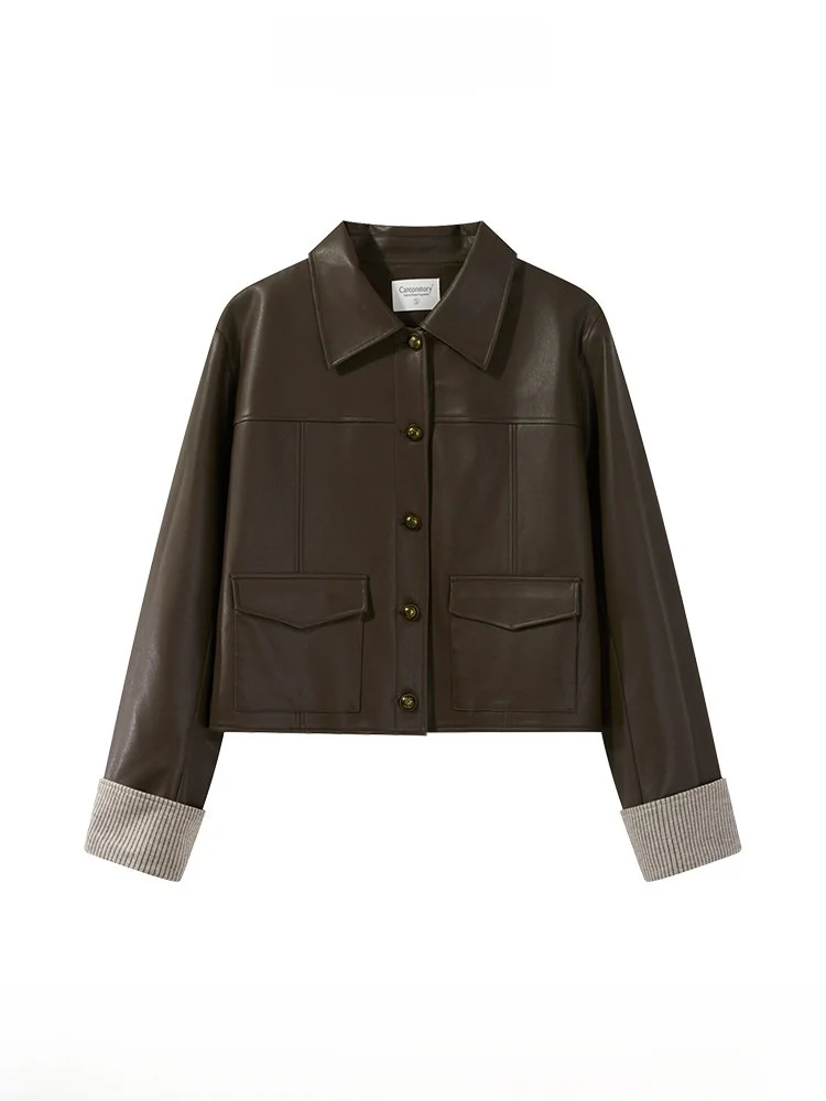 Slimming Effect Vintage Collar Brown Leather Jaet ort Outerwear Women's Autumn Faionable Button up Casual Top