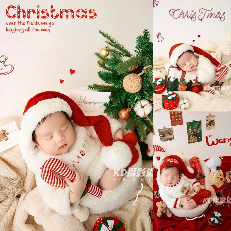 

Christmas Newborn Photography Outfit Santa Claus Style Plush Romper+Pom-pom Hat Festive Candy Cane/Tree Decor for Holiday Photo
