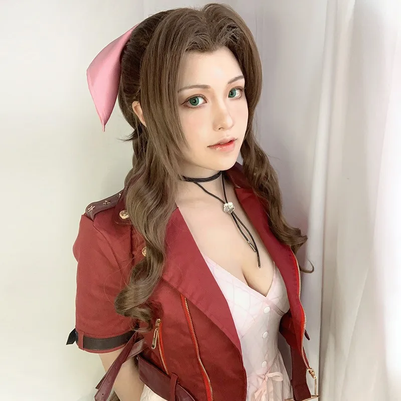 Final Fantasy VII Aerith Gainsborough Cosplay Wigs Brown Long Curly Cosplay Wig Heat Resistant Synthetic Hair Peruca + Wig Cap