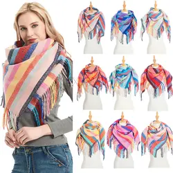 Women Cashmere Winter Square Scarf Knit Pashmina Bandana Striped Tassel Female Warm  Scarves Blanket Shawls And Wraps Bufanda