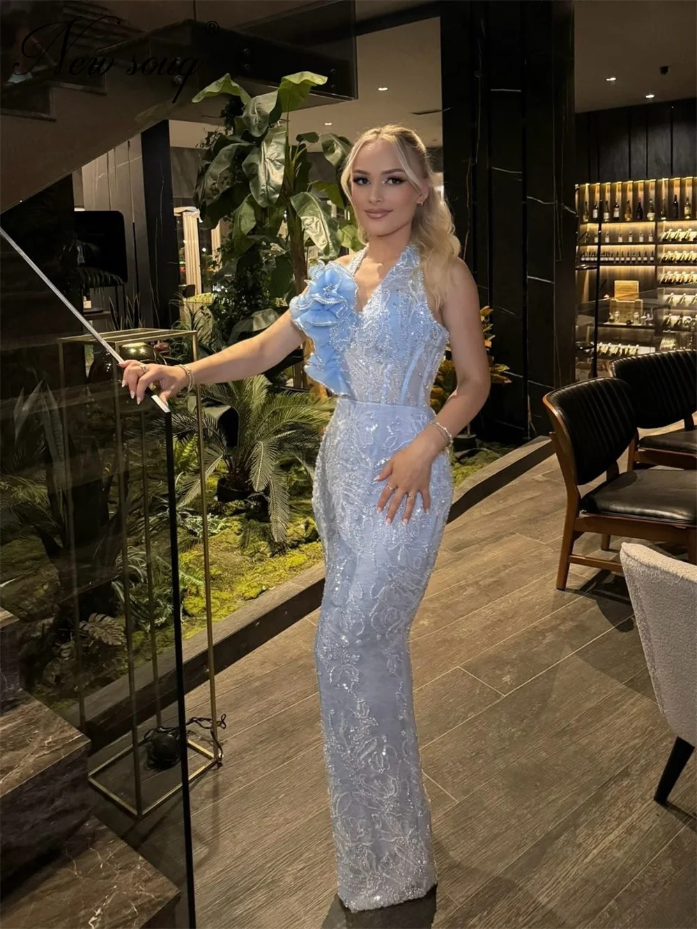 

New Elegant Blue Beading Evening Dresses Aso Ebi Dubai Mermaid V Neck Celebrity Dress Party Gowns Vestidos De Gala Customized