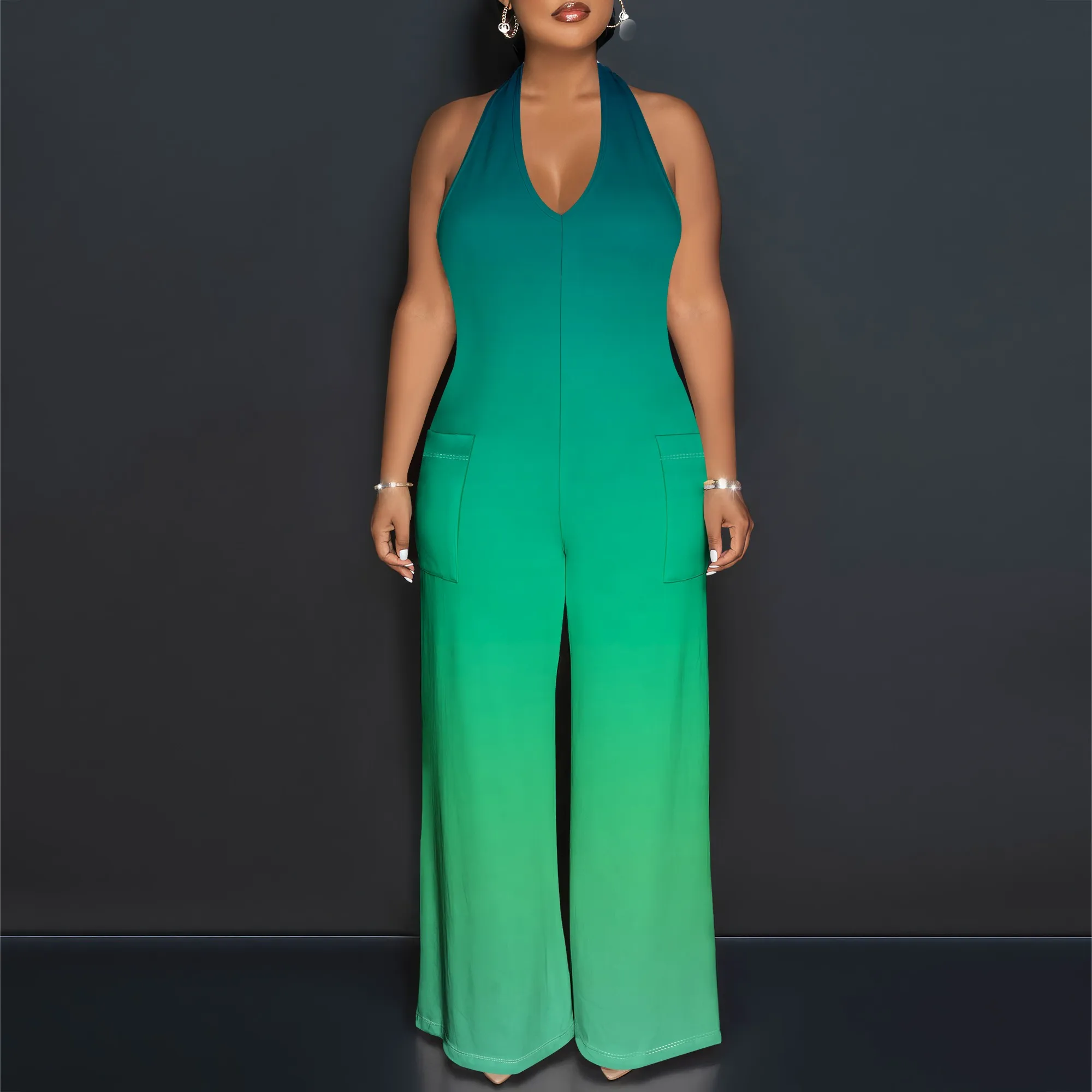 Mono bohemio informal sin mangas con cuello halter para mujer, monos de fiesta de viaje con estampado de pierna ancha y bolsillos