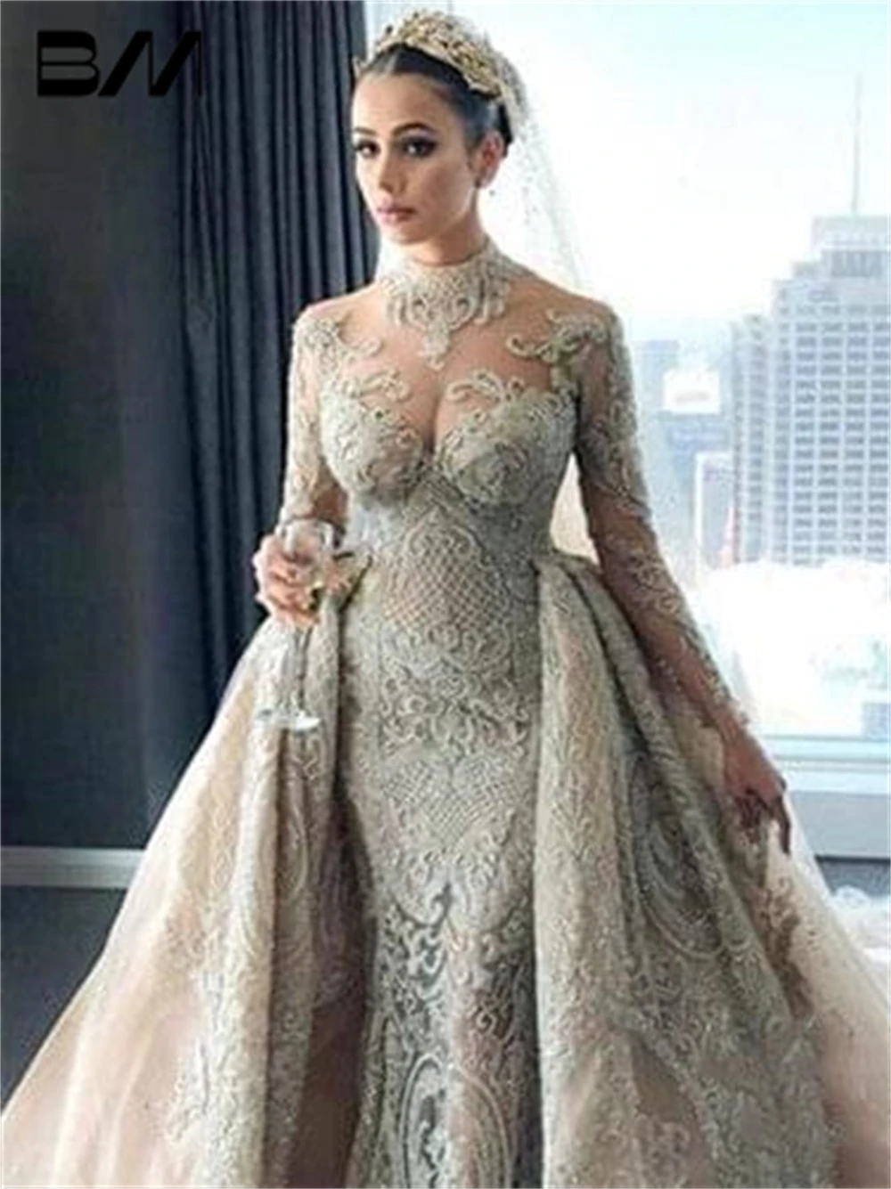 Illusion Cut-out High Neck Arabic Wedding Dress For Women 2024 With Detachable Train Bridal Gown Two Piece Luxury Bride Dresse