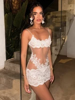 Ropa de mujer con tirantes finos, vestido de fiesta de retazos de encaje de malla para discoteca, vestidos de noche cortos sexis transparentes sin mangas para mujer