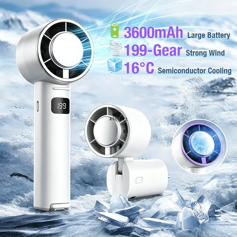 3600mAh Handheld Mini Fan USB Rechargeable Ice Compress High Speed Semiconductor Rapid Cooling LED Screen Foldable Travel Fan
