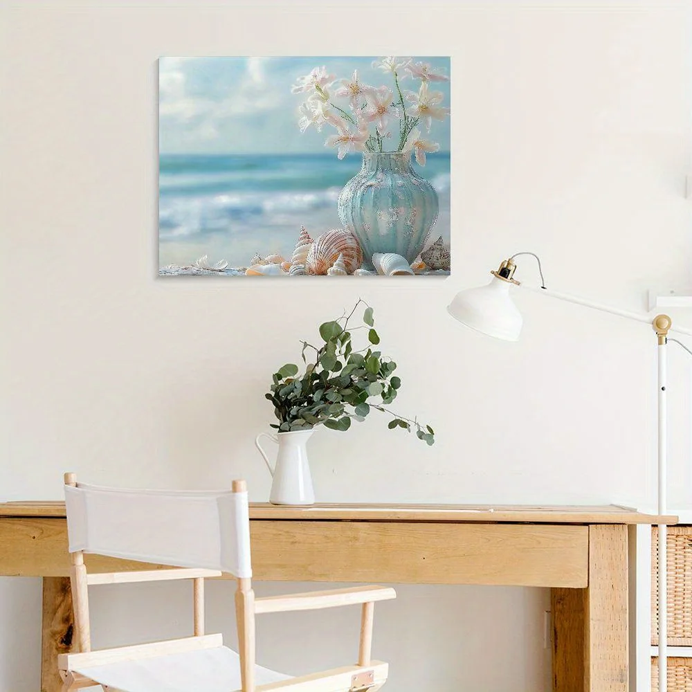 Tela de felicidade costeira, 1 peça, cena de praia com flores, estrela do mar e conchas para decoração de parede de sala de estar e quarto