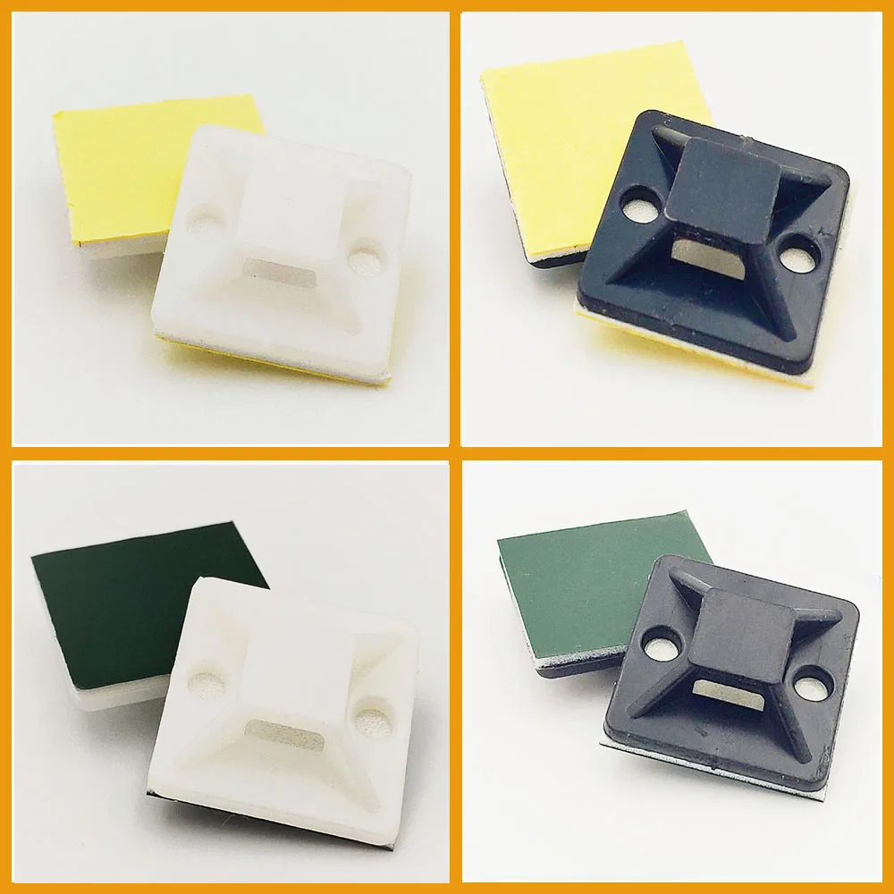 black Tie Mount Plastic Self Adhesive Cable Mounter Base Holder White glue cable positioning fixed seat  20mm*20mm  50-100pcs