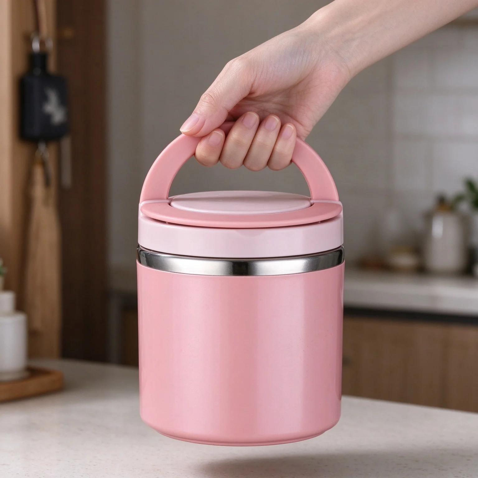 630ml Large Capacity Stainless Steel Lunch Container with Handle, Pink Portable Food Box for Outdoor Camping and Daily Travel
