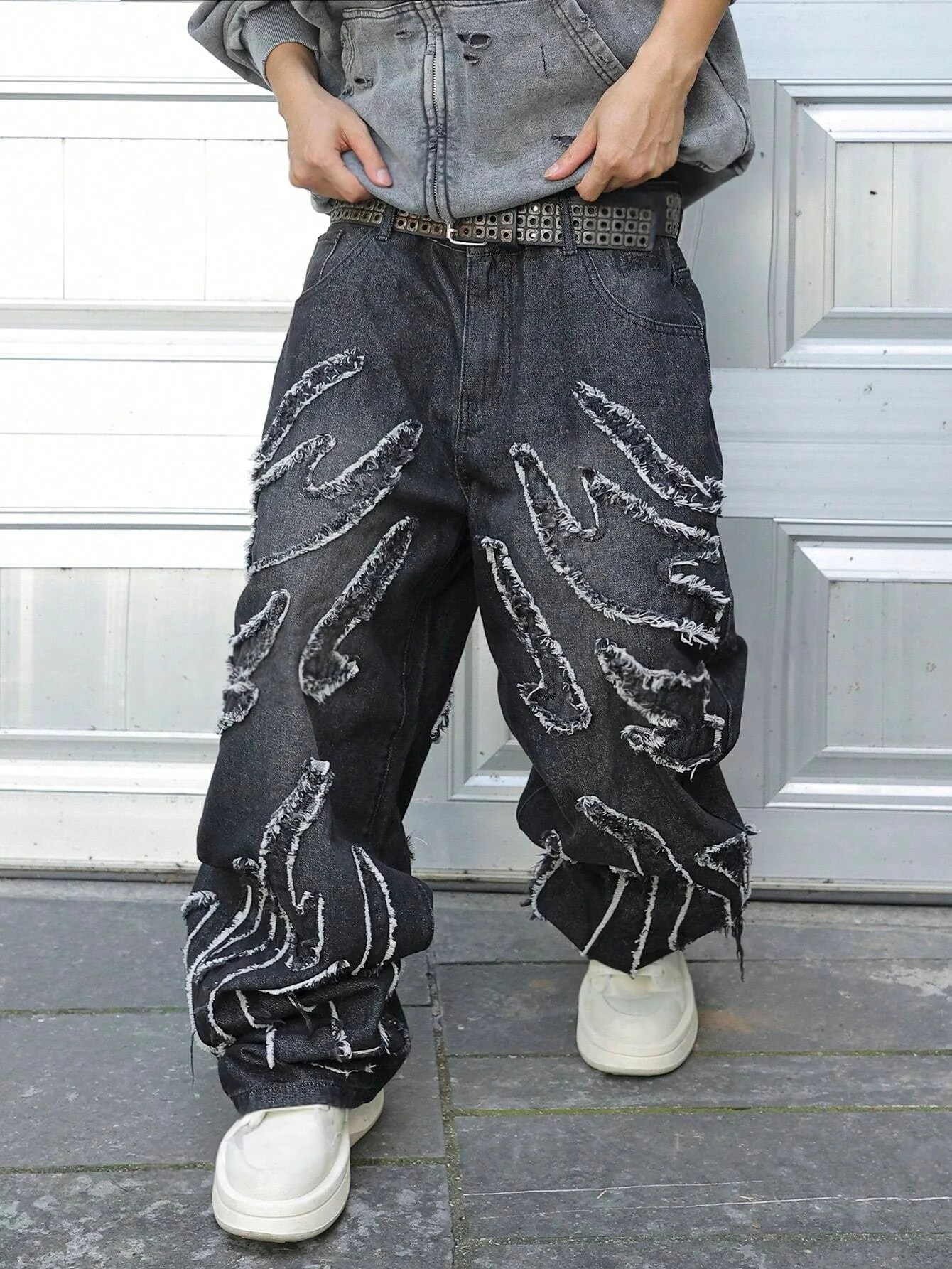 

Men's Black Washed Loose Wide-leg Jeans, Frayed Flame Distressed Denim Pants, Y2K Hip-hop Style Street Casual Wide-leg Trousers