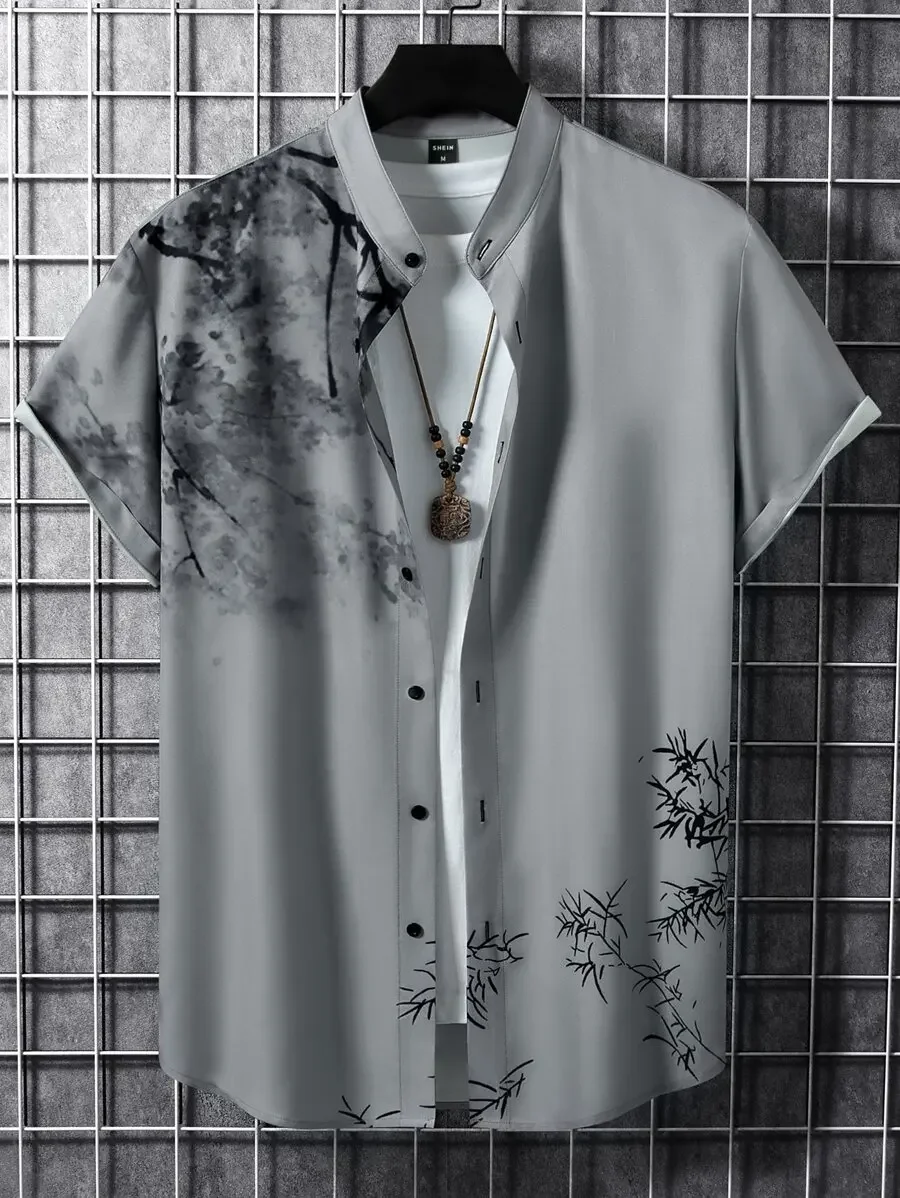 

Men's Short Sleeve Button-Up Shirt with Ink Wash Floral Print
