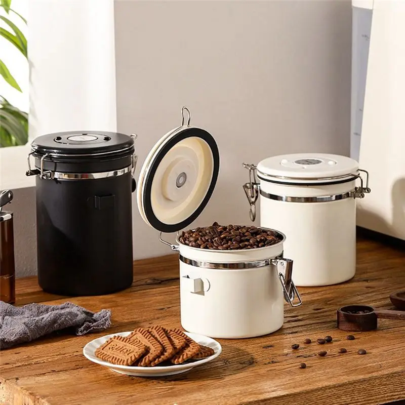 AS94-Coffee Canister Airtight Bean Container With Date Tracker Stainless Steel Kitchen Storage Box 1.5L White