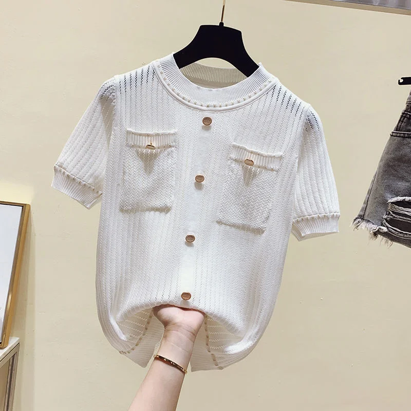 2022 Summer Casual Button Thin Knitted T Shirt Women Hollow Out Tee Shirt Femme Tops T Shirts Female Tshirt Woman Clothes White