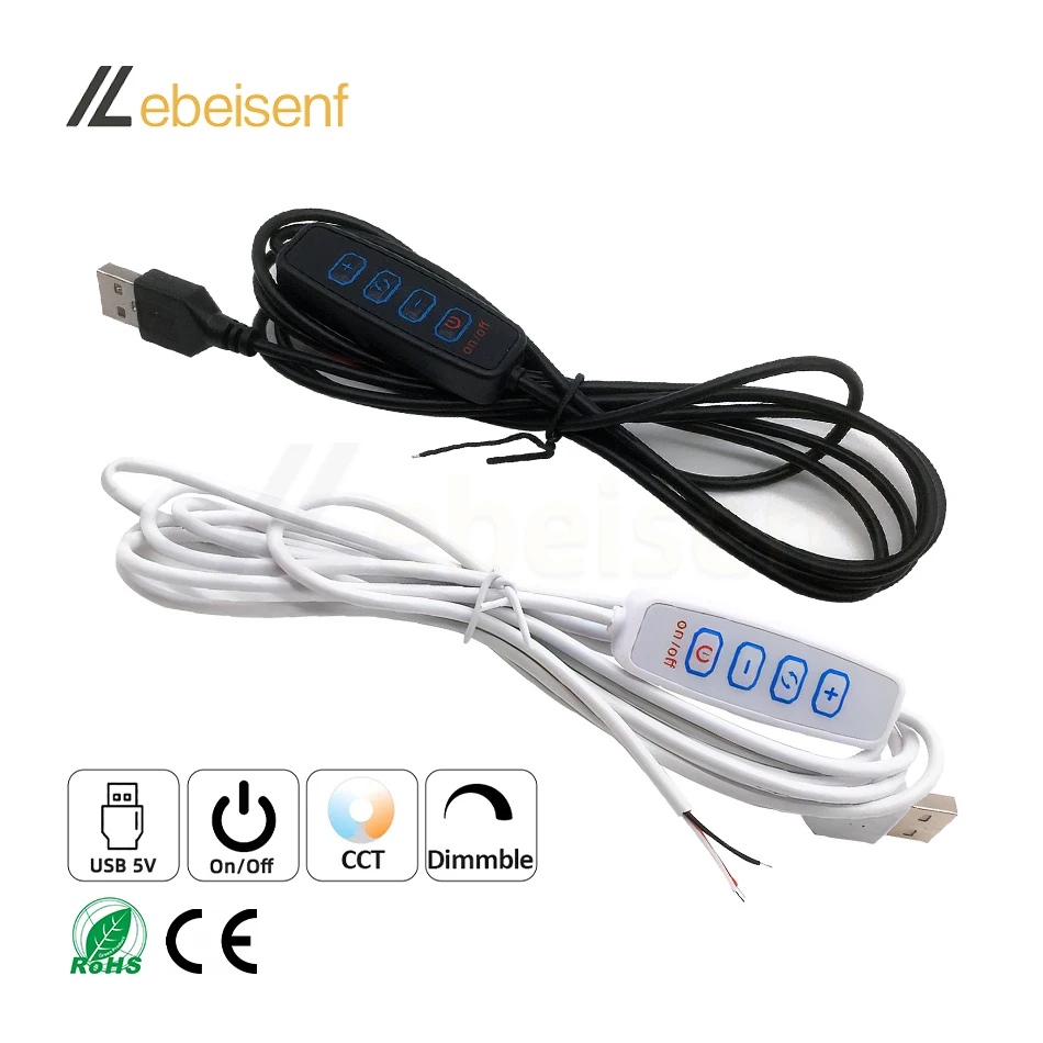 USB LED Dimmer 5V LED External Switch Control Cable 2m for Dual Color LED Strip Light Brightness & Color Temperature Adjustment