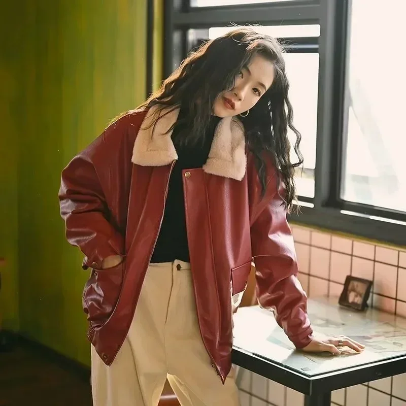 여성용 두꺼운 벨벳 짧은 PU 가죽 재킷, 루즈 가죽 재킷, 웨스턴 스타일 코튼, 스티치 라펠, 하이 스트리트, 신상