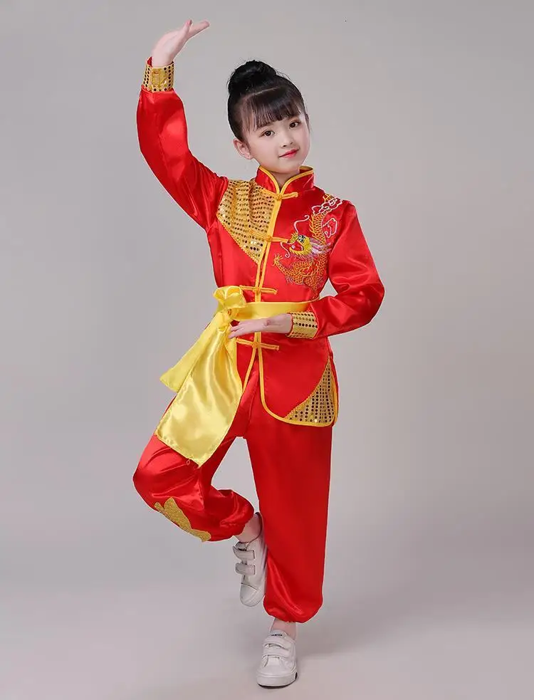 Ropa de artes marciales para niños, traje de Kung Fu, Tai Ji, juego de tambor, ropa de dragón, rendimiento de jardín de infantes