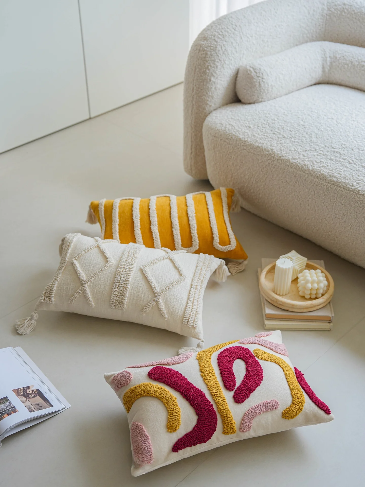Creamy Style Yellow Embroidered Pillow Long Sofa Cushion Soft Decoration Hotel Bedside Pillow Home Decorative Pillow
