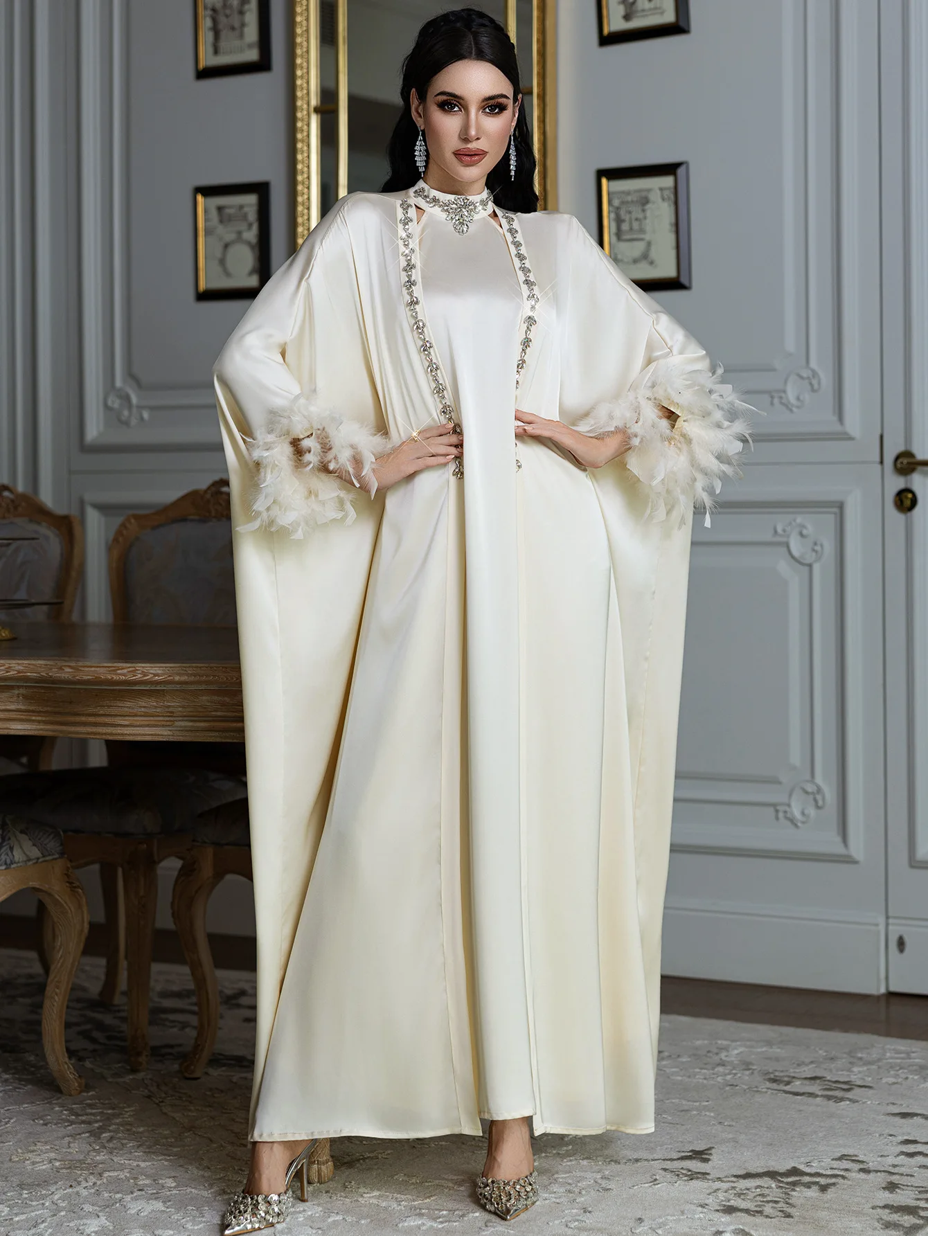 Eid Feather Muslim Sets Dubai Abaya Kimono Cardigan Turkey Kaftan Femme Musulmane Robe Jalabiya Women Abayas Islam Clothing Gown