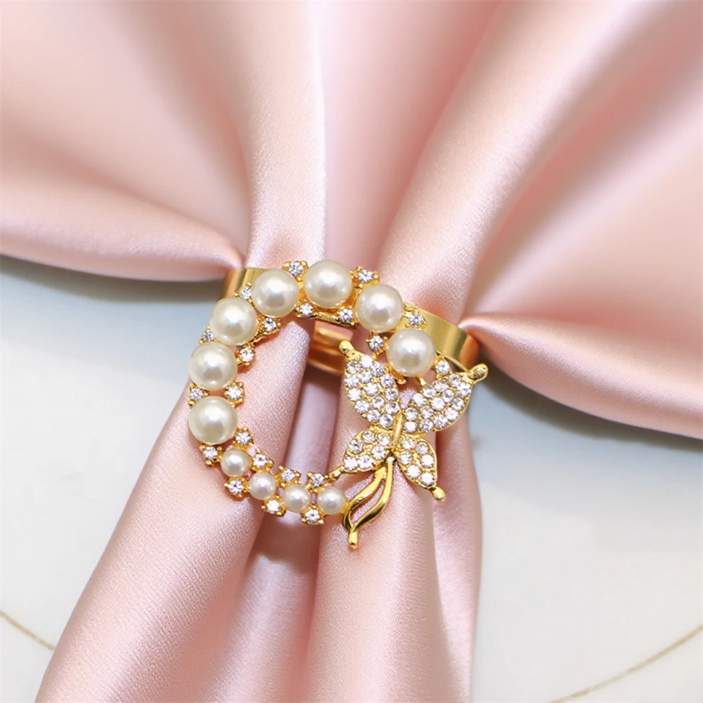 6Pcs Elegant Pearl Rhinestone Napkin Rings Set, Butterfly Shaped Gold Napkin Holders for Wedding, Dinner Party, Table Decoration