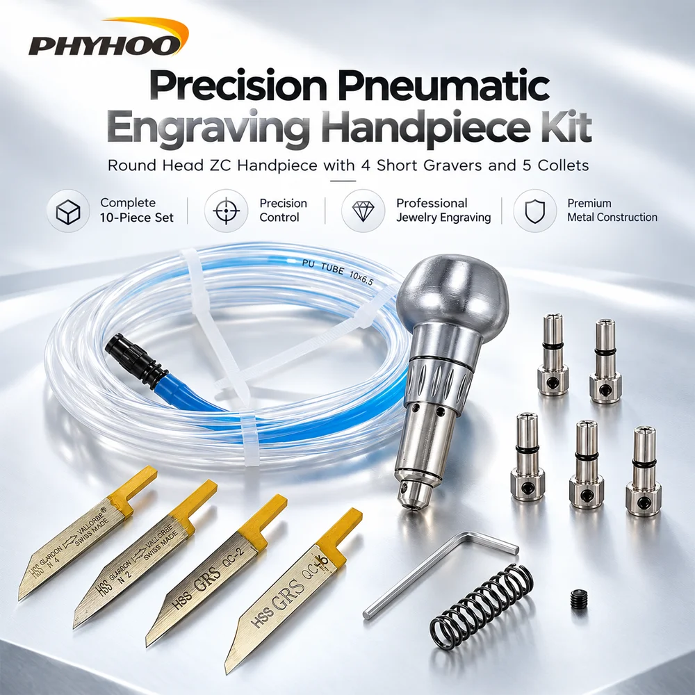 PHYHOO Pneumatic Engraving Handpiece Kit Round Head ZC with Air Hose 4 Short Gravers 5 Collets for Jewelry Metal Carving Details