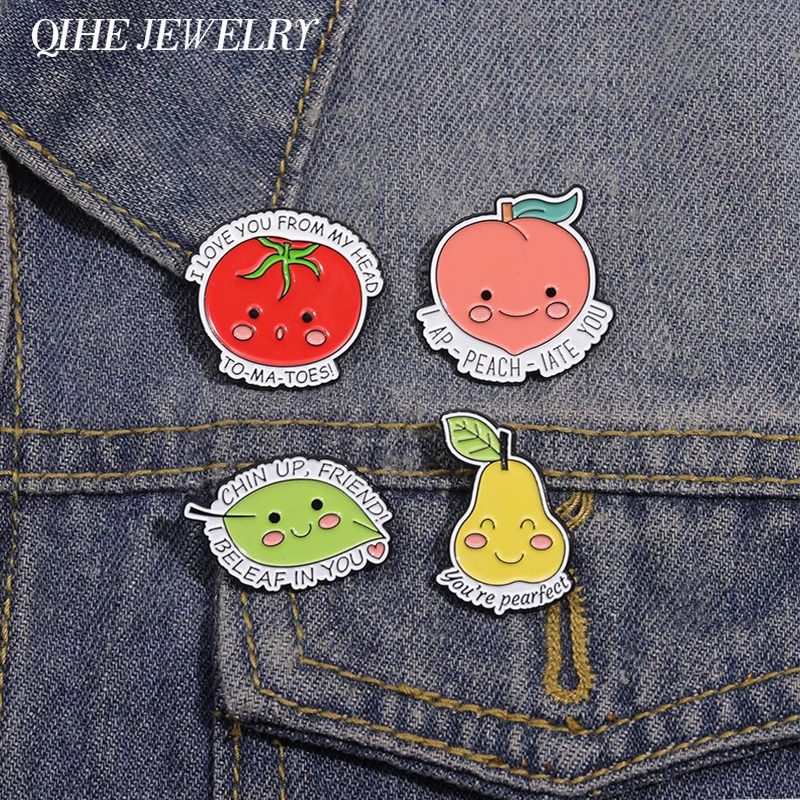 Broche de fruta, melocotón, pera, tomate, alfileres de esmalte, citas positiva, barbilla hacia arriba, amigo, I Believe In You, insignia de solapa, regalo de joyería