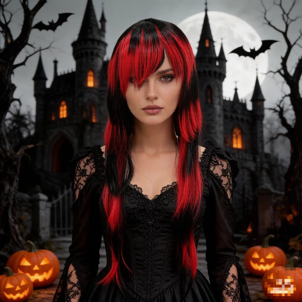 Black Red Patchwork Long Layered Synthetic Wig with Side Bangs, Emo Goth Style for Anime Cosplay and Punk Party Outfits
