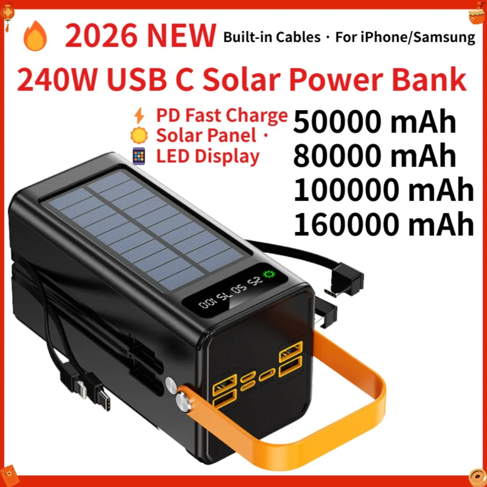 240W USB C Solar Power Bank 100000mAh PD Fast Charging 6 Outputs 120W Built-in Cables Portable Charger for iPhone Samsung