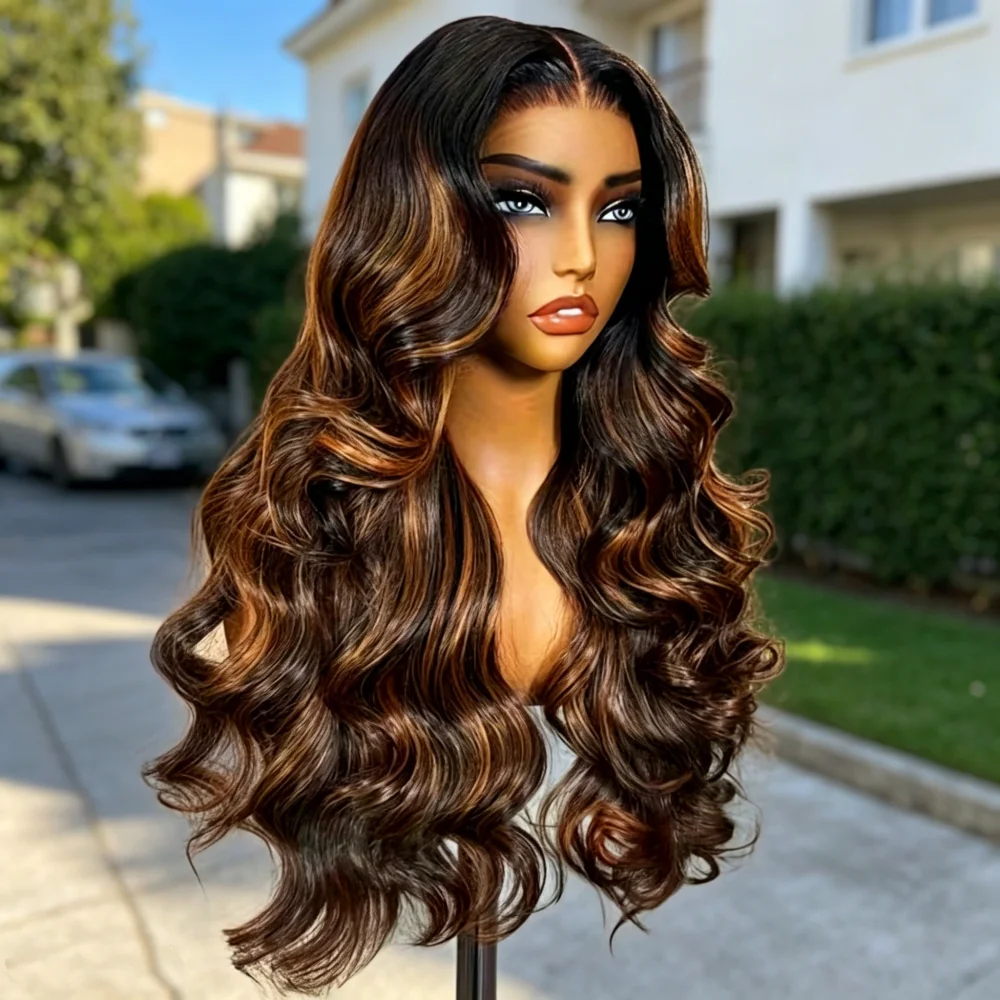 

1B/30 Ombre Highlight 13x6 Body Wave Human Hair Wigs Vietnamese Black Brown Transparent Lace Frontal Colored Wig For Women