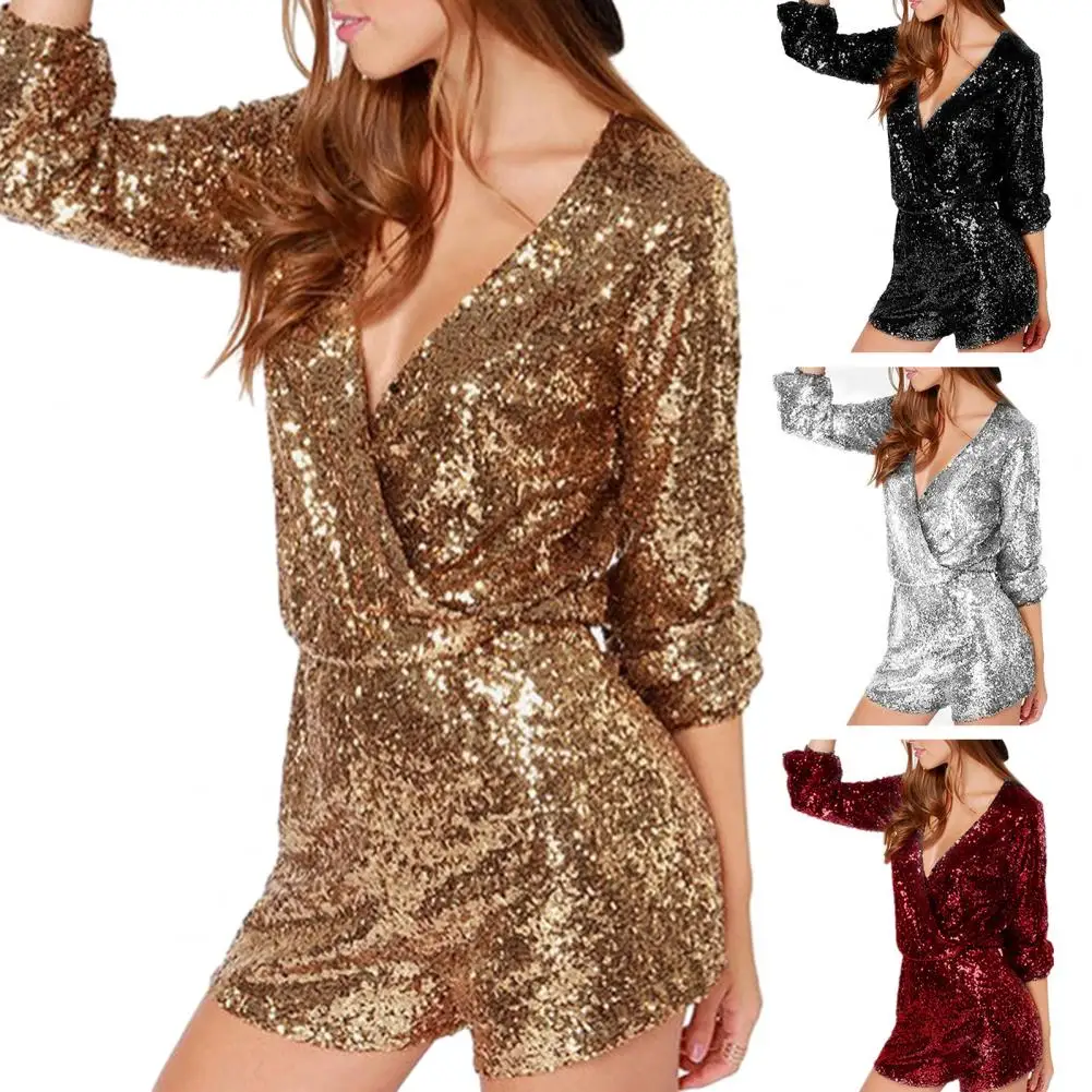 

Women Romper Shiny Sequin Loose Deep V Neck Jumpsuit Tight Waist Above Knee Length Overalls Stage Show Performance Club Romper