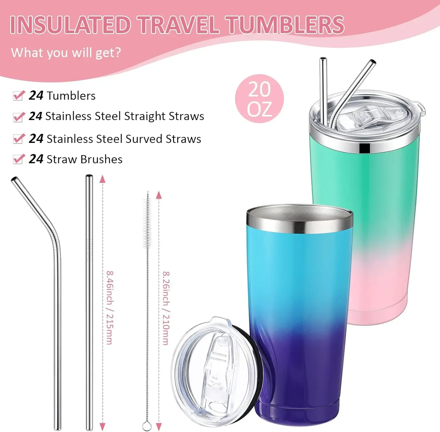 24 Pack Insulated Travel Tumblers 20oz Tumbler Double Wall Vacuum Travel Mug with Lid and Straw Stainless Steel Double Wall