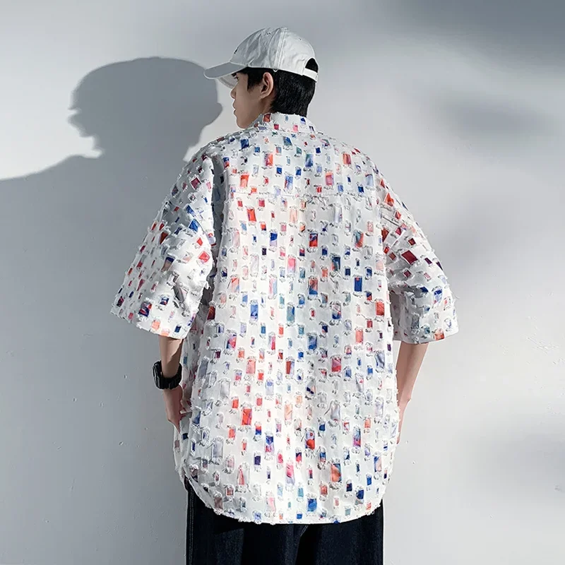 Pop Summer Short Sleeved Shirt Men Fashion Retro Hollowed Out Shirt Men Streetwear Loose Colored Plaid Shirt Mens Large Size M-5