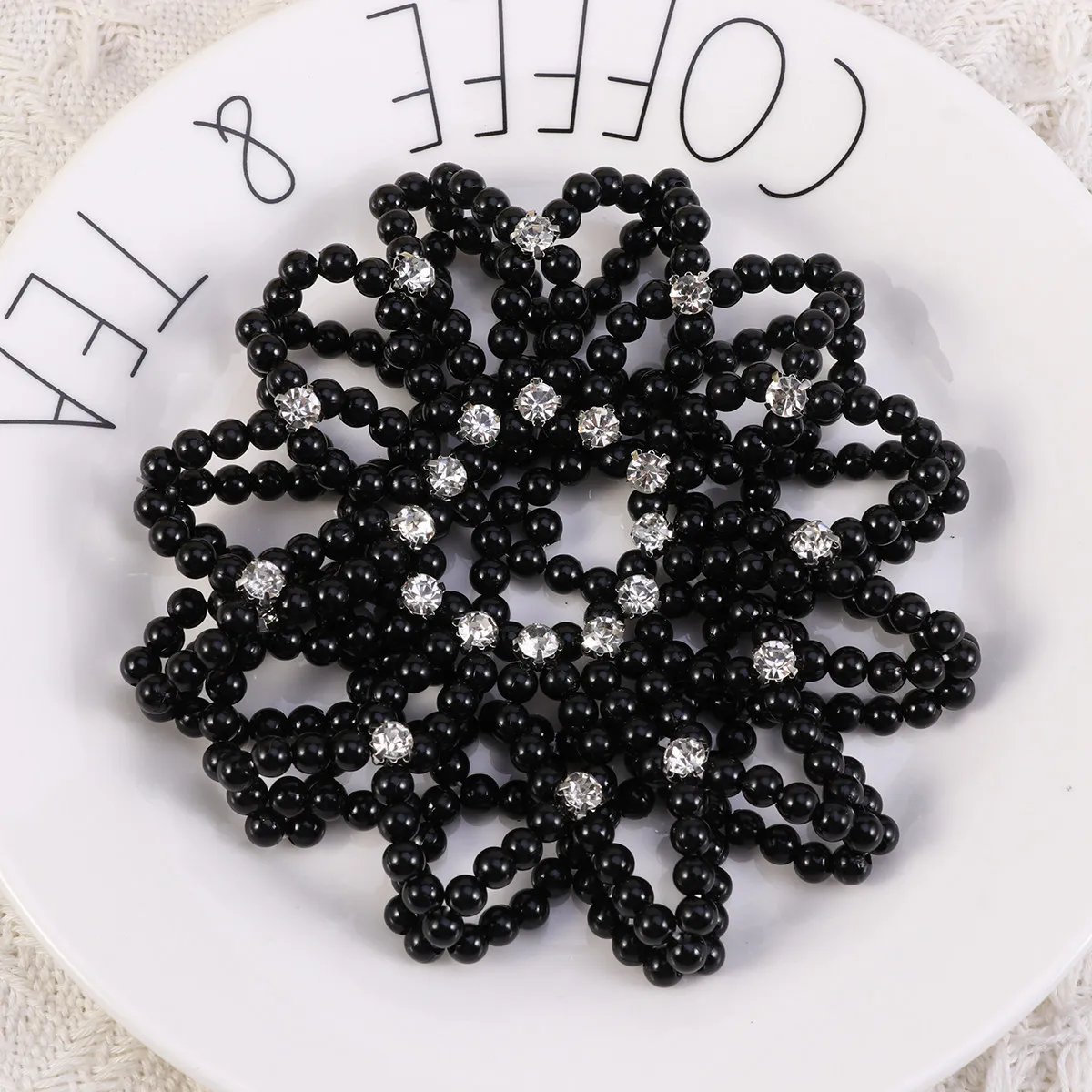 Handmade Black Elastic Pearl Hair Snood Crochet Hairnet for Dance Performance Gymnastics Party Sports Hair Accessories