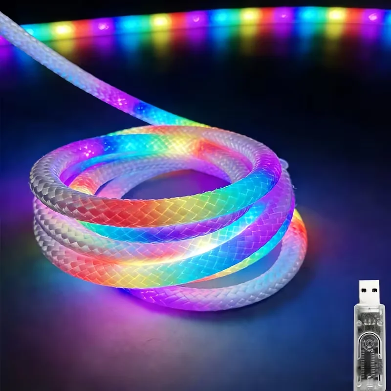 360 Glow Round RGB Neon LED Woven Strip Light 24key Bluetooth APP Remote Control 5V USB WS2812B Music Sync Rope Decor Home